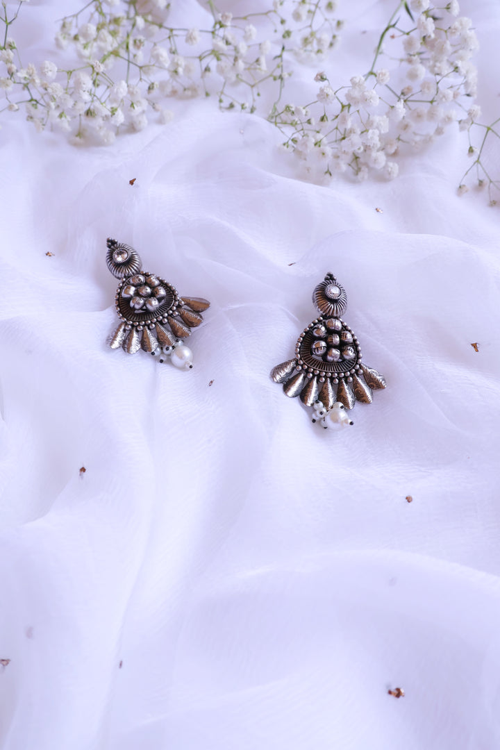 Oxidised White Stone, Pearl & Ghungroo oxidised earrings