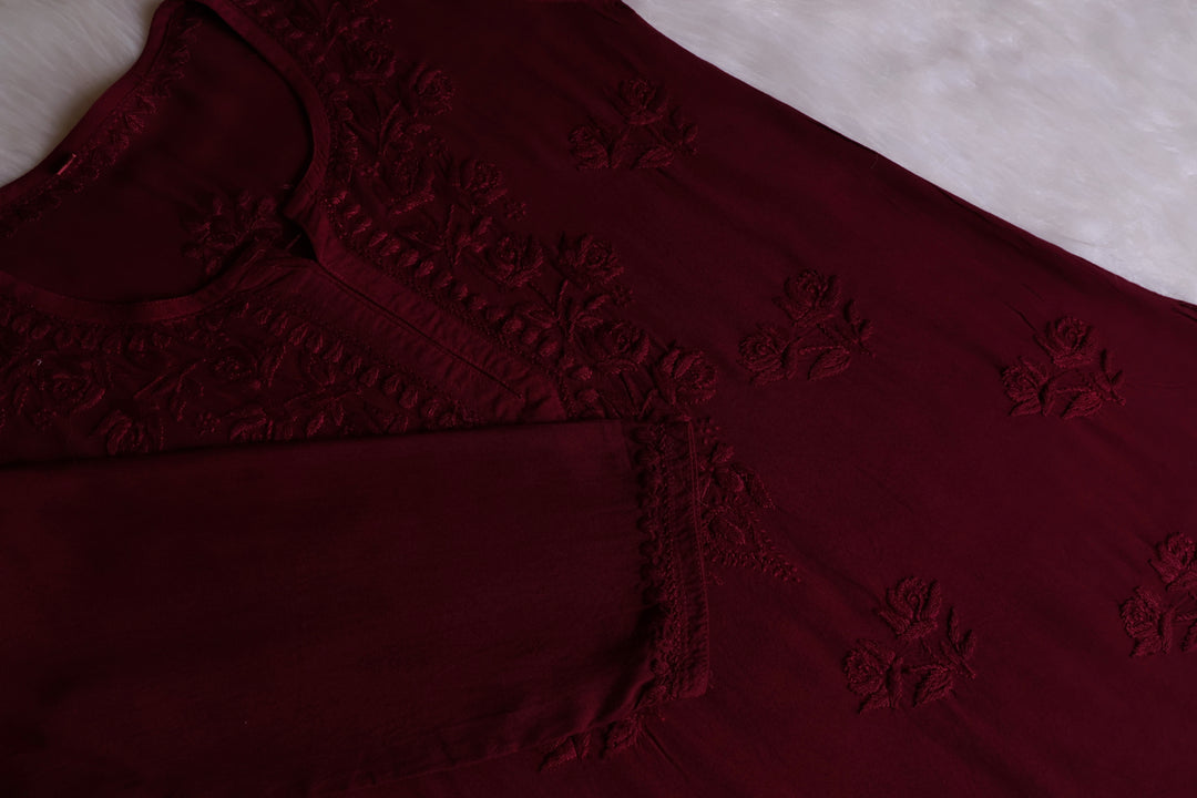 Gul Maroon Short Rayon Kurta - Noor Chikankari