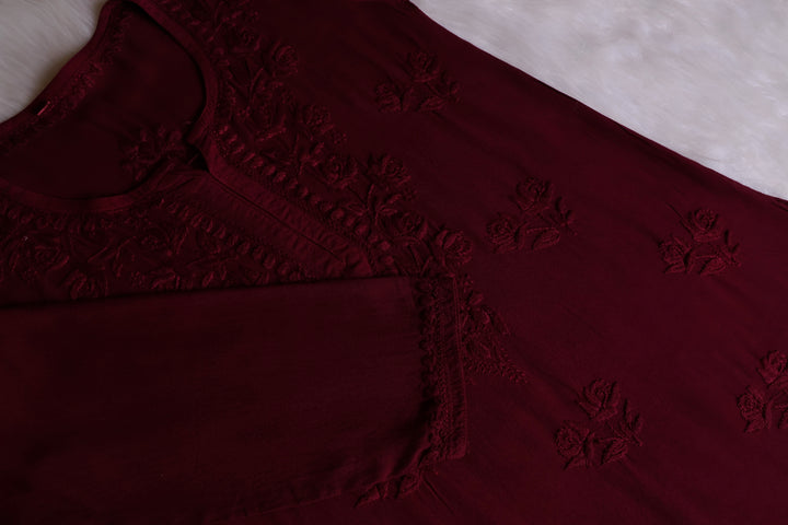 Gul Maroon Short Rayon Kurta - Noor Chikankari