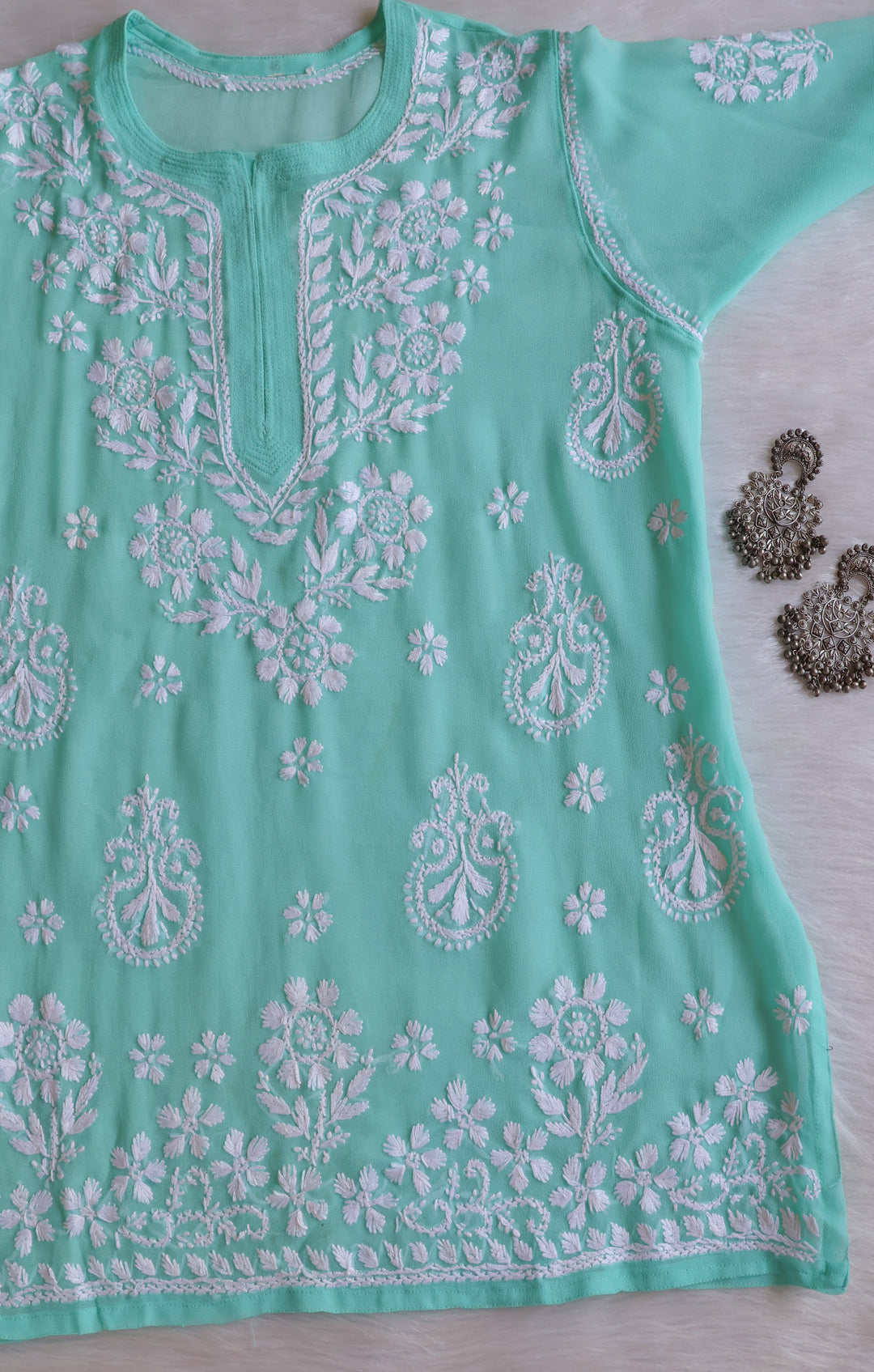 Zaira Mint Green & White Short Georgette Kurta - Noor Chikankari