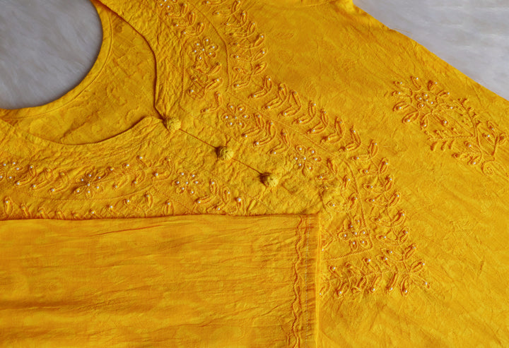 Yellow Long Jacquard Pearl Cotton kurta