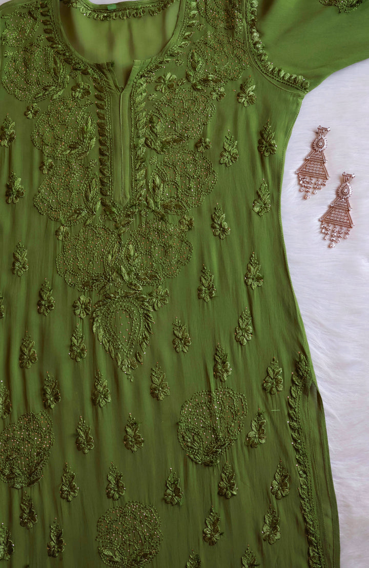 Hanaa Olive Green Viscose Georgette Kurta - Noor Chikankari