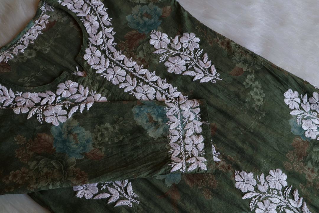 Dahlia Premium Green Floral Long MulMul kurta