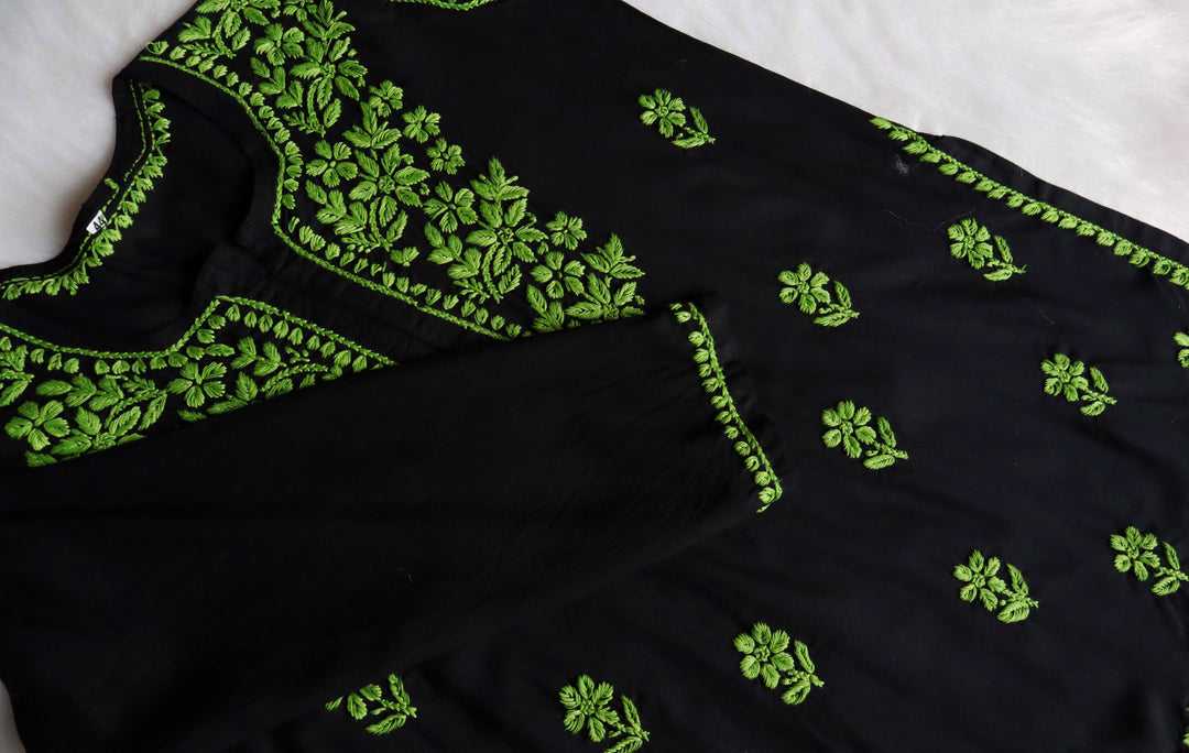 Gul-E-Jahaan Black & Lime Green Short Rayon Kurta