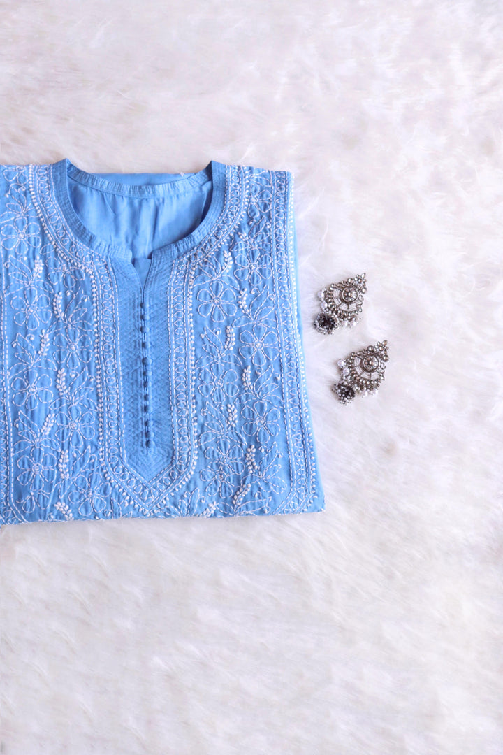 Zahrah Ice Blue Cotton Mulmul long kurta
