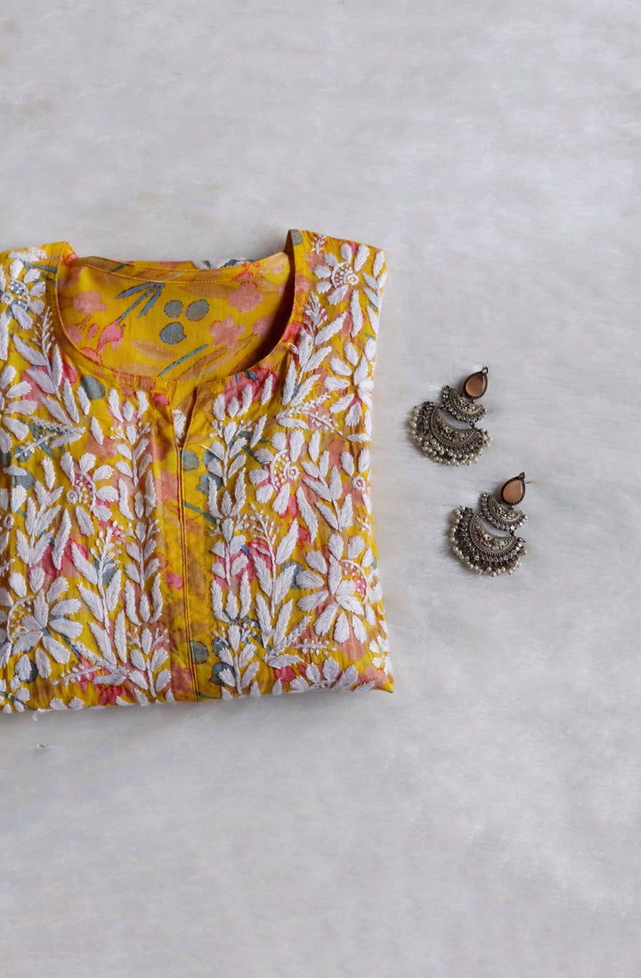 Sajal Yellow Floral Long MulMul kurta