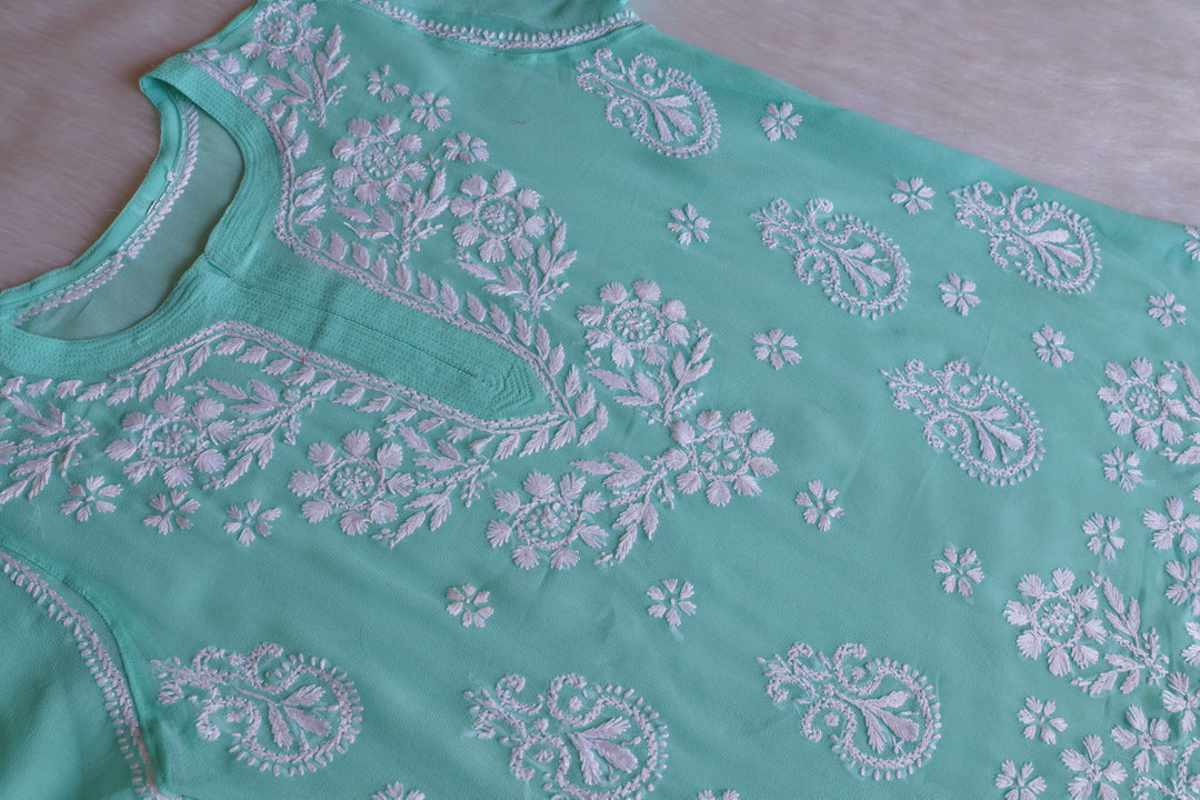 Zaira Mint Green & White Short Georgette Kurta - Noor Chikankari