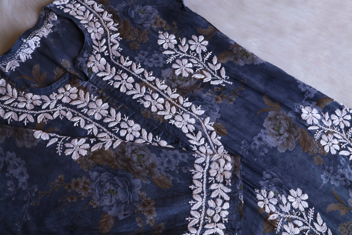 Dahlia Premium Blue Floral Long MulMul kurta