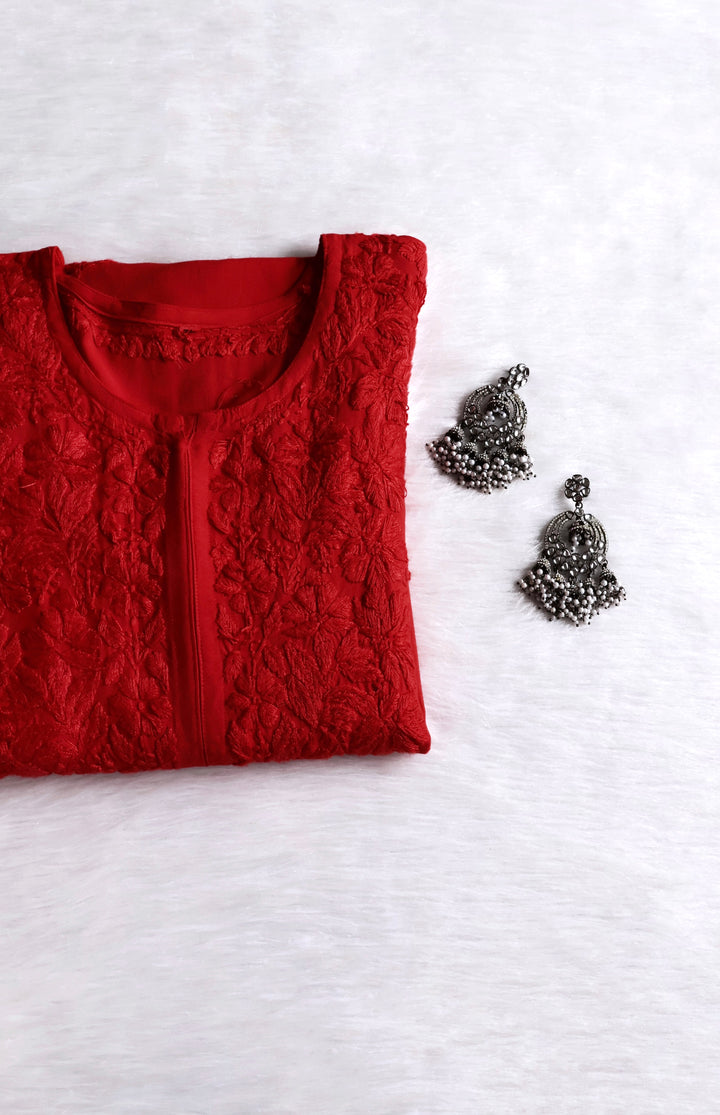 Gul Red Scalloped Long Rayon Kurta
