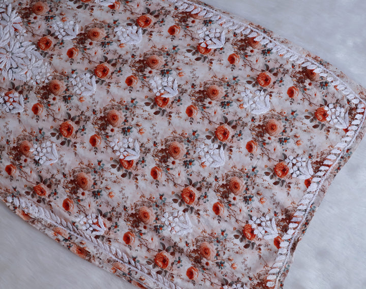 Gulbahaar Beige Floral Long Rayon kurta - Noor Chikankari