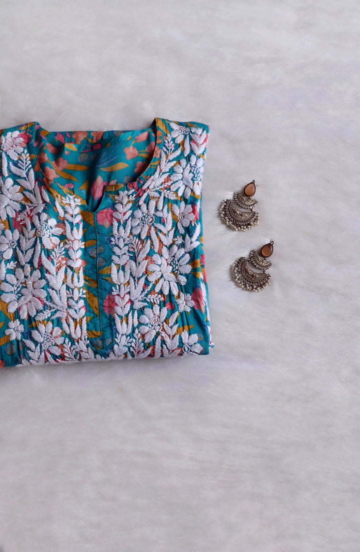 Sajal Teal Blue Floral Long MulMul kurta