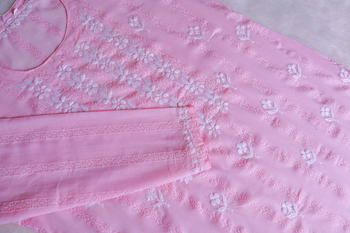 Maliha Baby Pink Cotton Schiffli long kurta