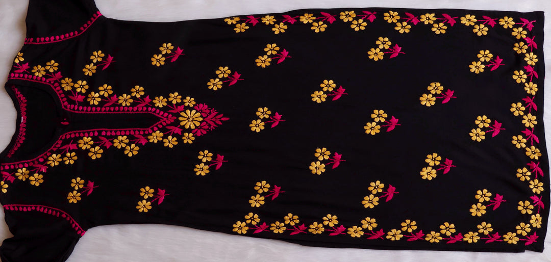 Sitara Black, Pink & Yellow Rayon Kurta Set - Noor Chikankari