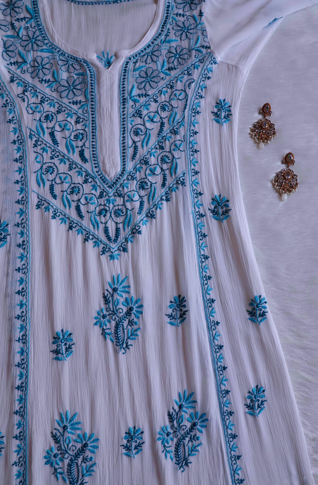 Hoorain White & Blue Pure Chiffon Kurta