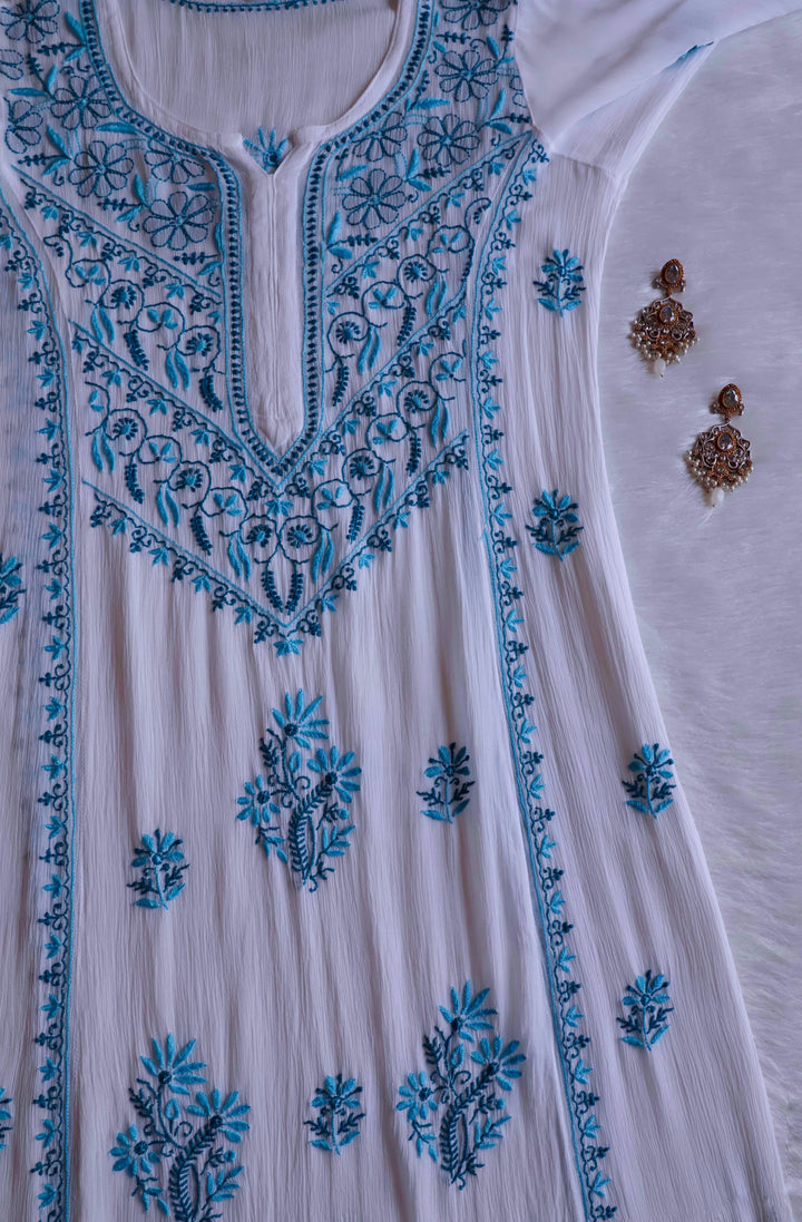 Hoorain White & Blue Pure Chiffon Kurta