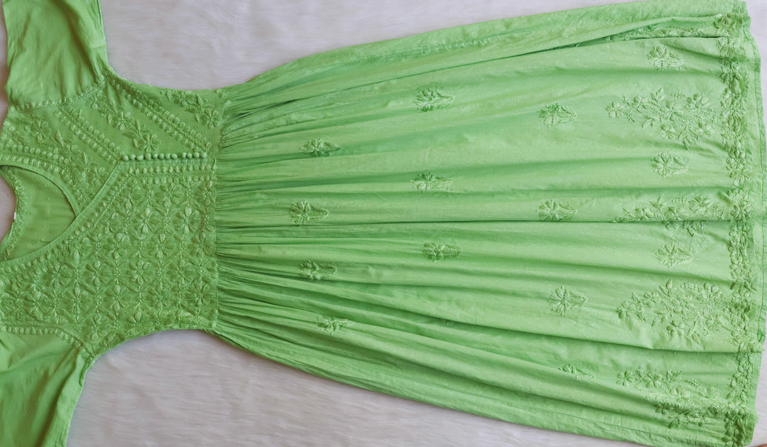 Nazakat Lime Green Pure Cotton Angarakha Dress - Noor Chikankari