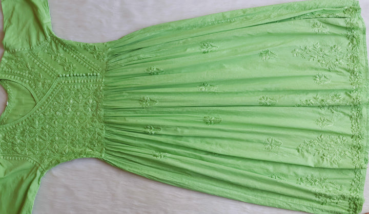 Nazakat Lime Green Pure Cotton Angarakha Dress - Noor Chikankari