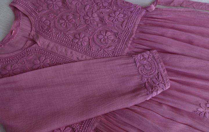 Aafiyat Pure Muslin Dusty Purple Chikankari Fit and Flare dress