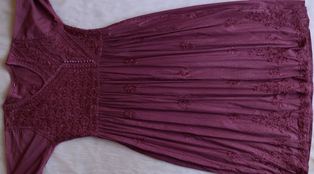 Nazakat Deep Purple Pure Cotton Angarakha Dress - Noor Chikankari