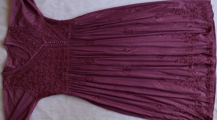 Nazakat Deep Purple Pure Cotton Angarakha Dress - Noor Chikankari