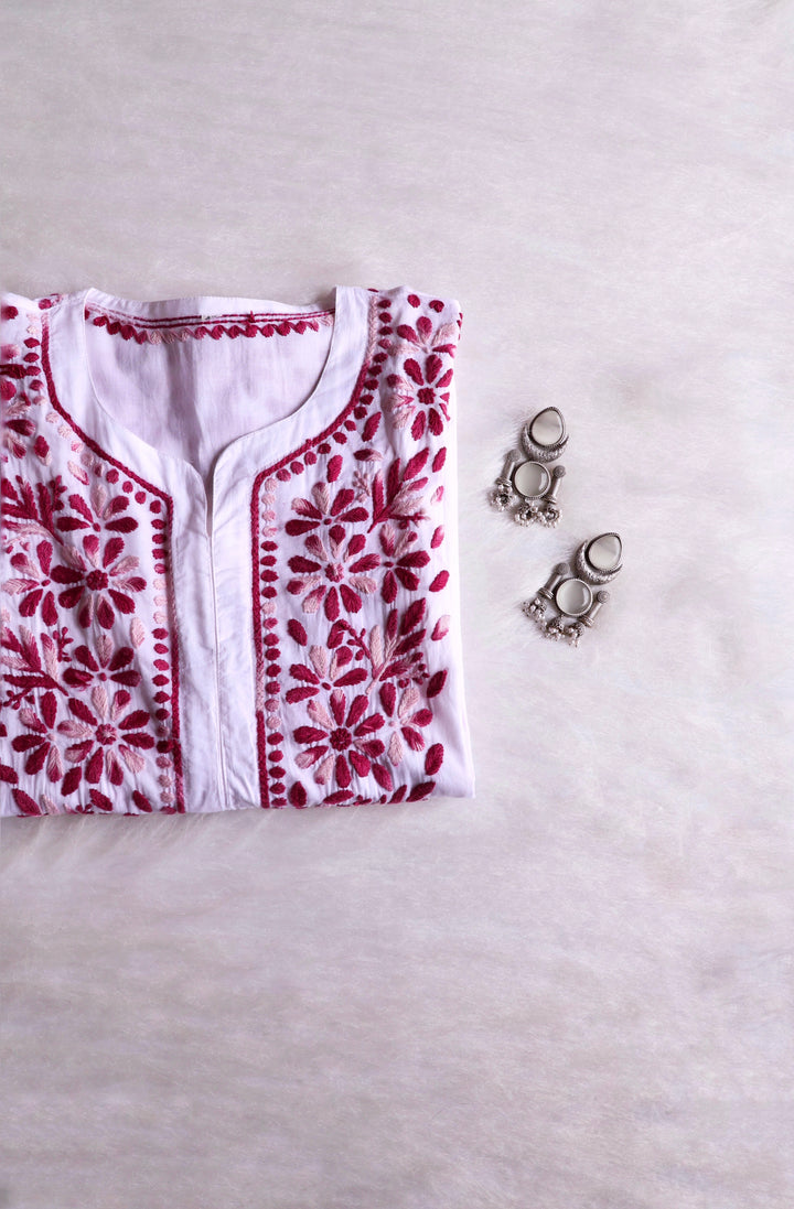 Gul Kashmiri White & Maroon Pure Cotton Kurta