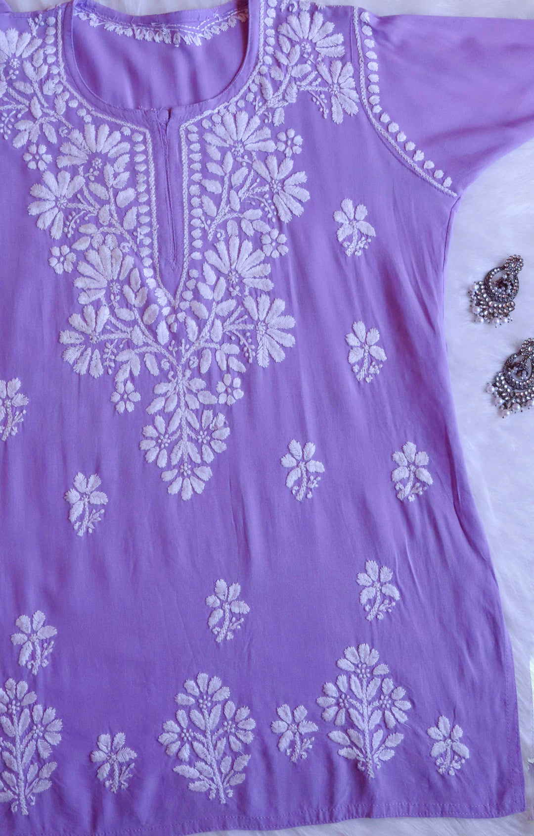 Aayat Lavender Short Rayon Kurta - Noor Chikankari