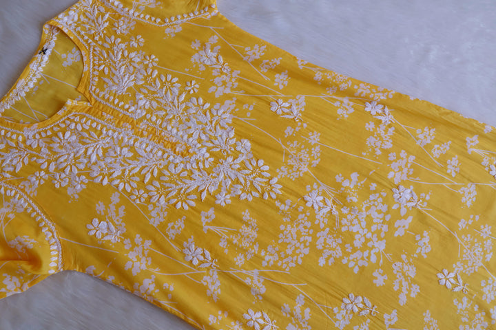 Farhaa Yellow Floral Long MulMul kurta