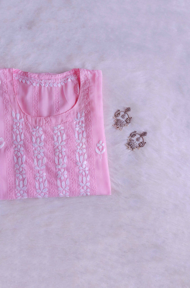 Maliha Baby Pink Cotton Schiffli long kurta