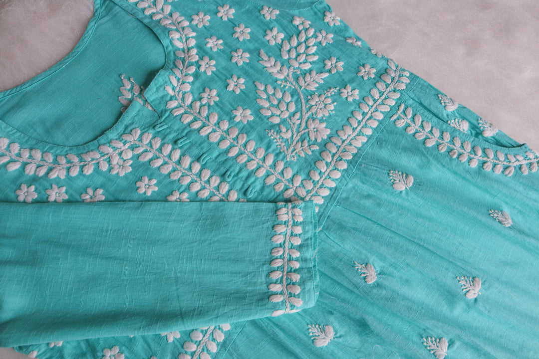 Safaa Mint Green & White Linen Kurta