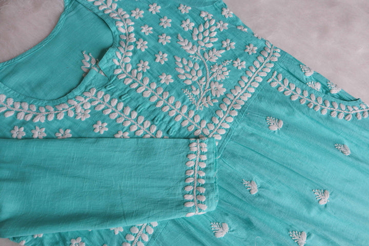 Safaa Mint Green & White Linen Kurta