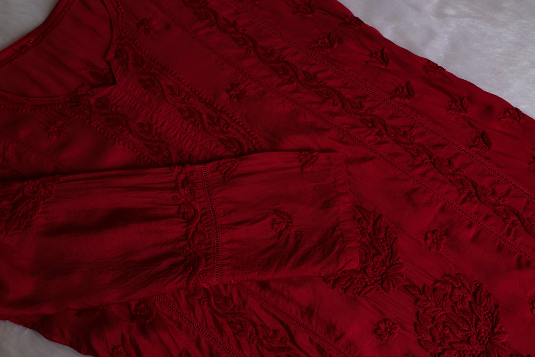 Maaham Pure Muslin Maroon Kurta - Noor Chikankari