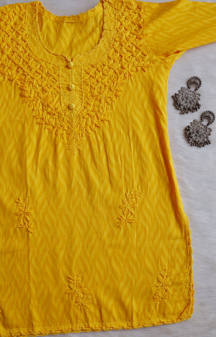 Zaina Yellow Short Jacquard Cotton kurta