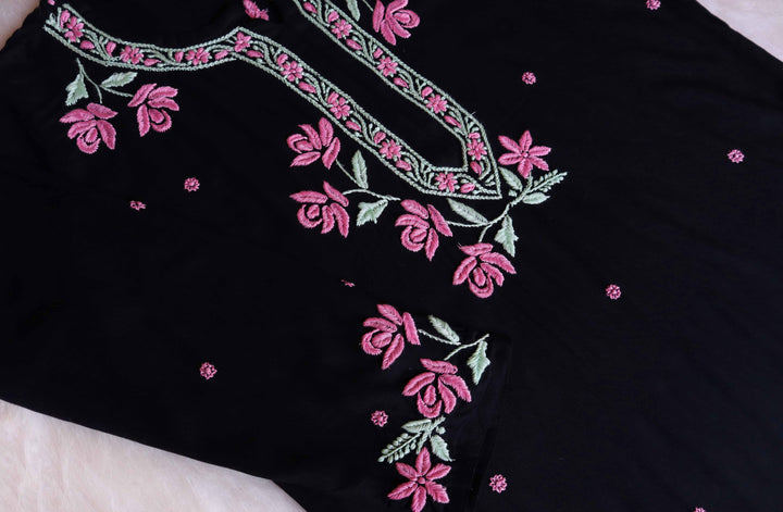 Gul Kashmiri Black & Baby Pink Modal Kurta Set