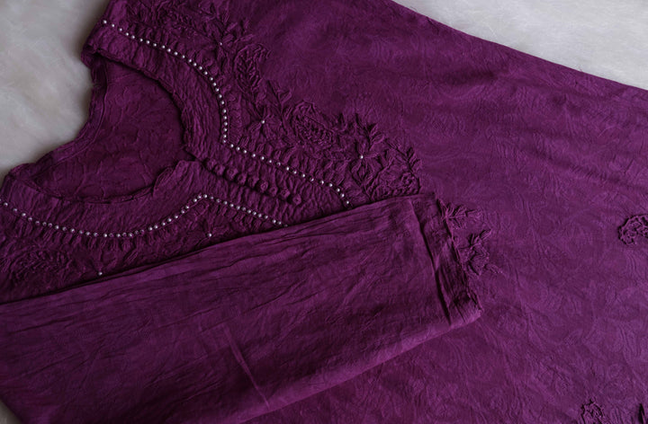 Deep Purple Long Jacquard Pearl Cotton kurta