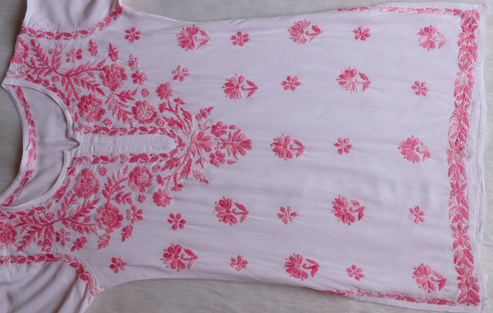 Gulbahaar White & Baby Pink Cotton short kurta