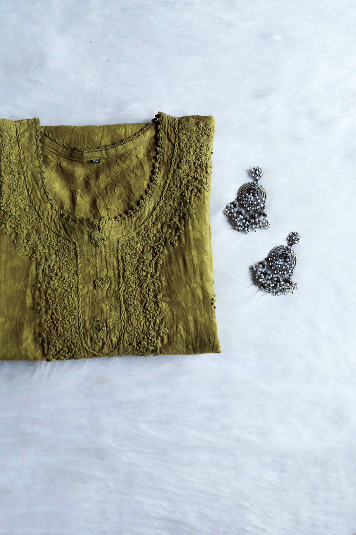 Aaliyah Olive Green Long Jacquard Cotton kurta
