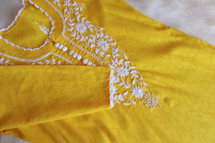 Gul Yellow Long Jacquard Cotton kurta
