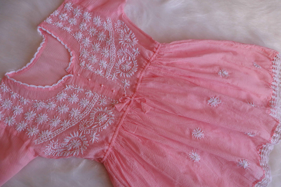 Daania Rose Pink & White Kota Pearl short Frock