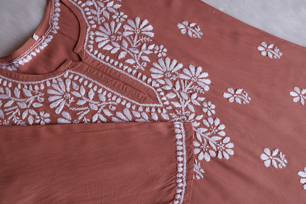 Aayat Brown Short Rayon Kurta - Noor Chikankari
