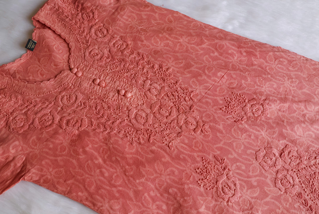 Rose Brown Long Jacquard Lace Cotton kurta