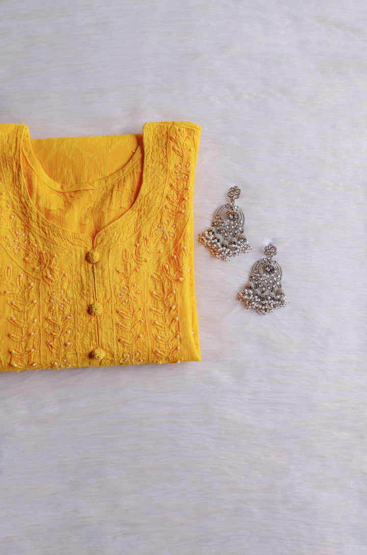 Yellow Long Jacquard Pearl Cotton kurta