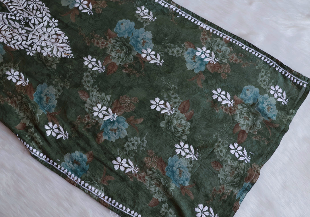 Dahlia Green Floral Long MulMul kurta - Noor Chikankari