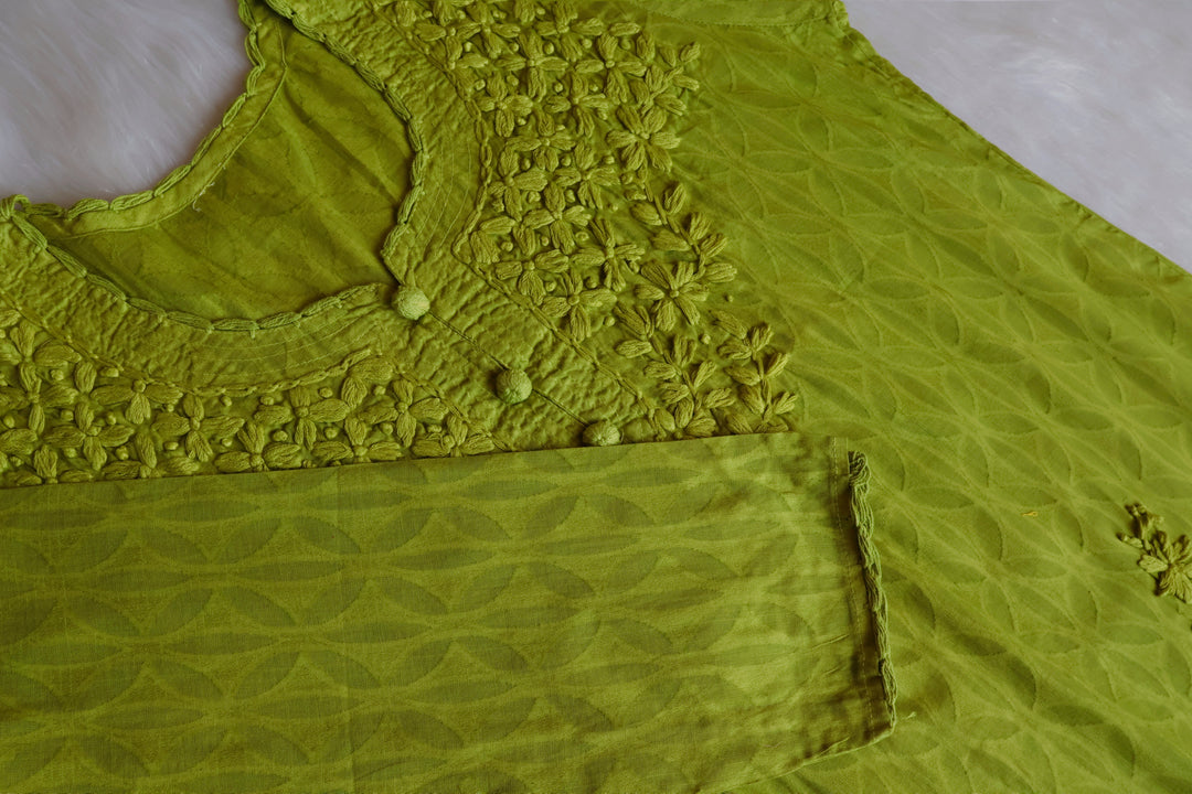 Zaina Green Short Jacquard Cotton kurta
