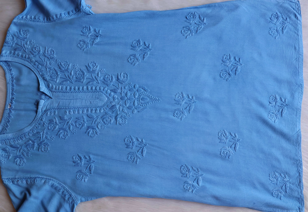 Gul Ice Blue Short Rayon Kurta - Noor Chikankari