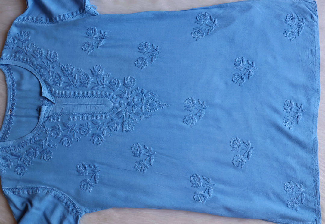 Gul Ice Blue Short Rayon Kurta - Noor Chikankari