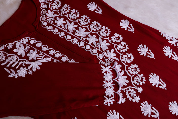Mira Maroon Rayon Kurta Pant set - Noor Chikankari