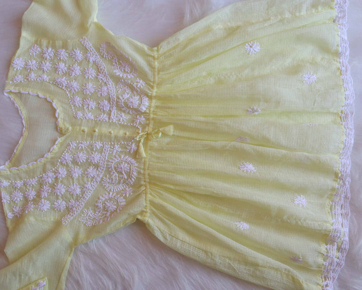 Daania Pastel Yellow & White Kota Pearl short Frock