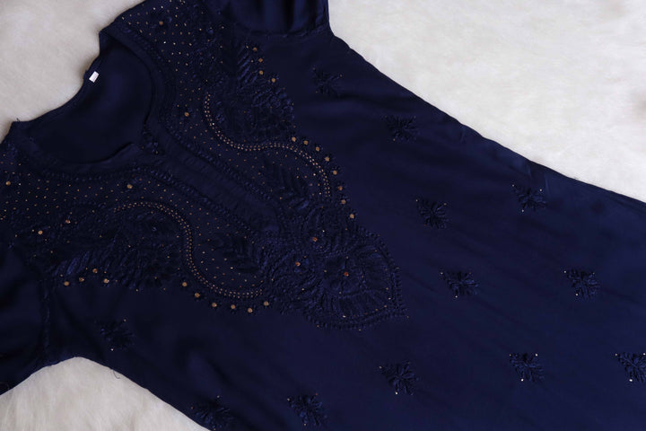 Naida Navy Blue Rayon mukaish Long Kurta