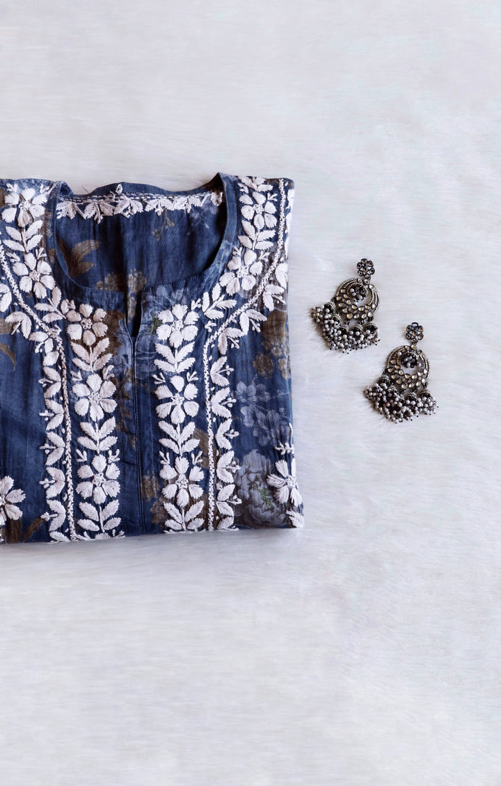 Dahlia Premium Blue Floral Long MulMul kurta