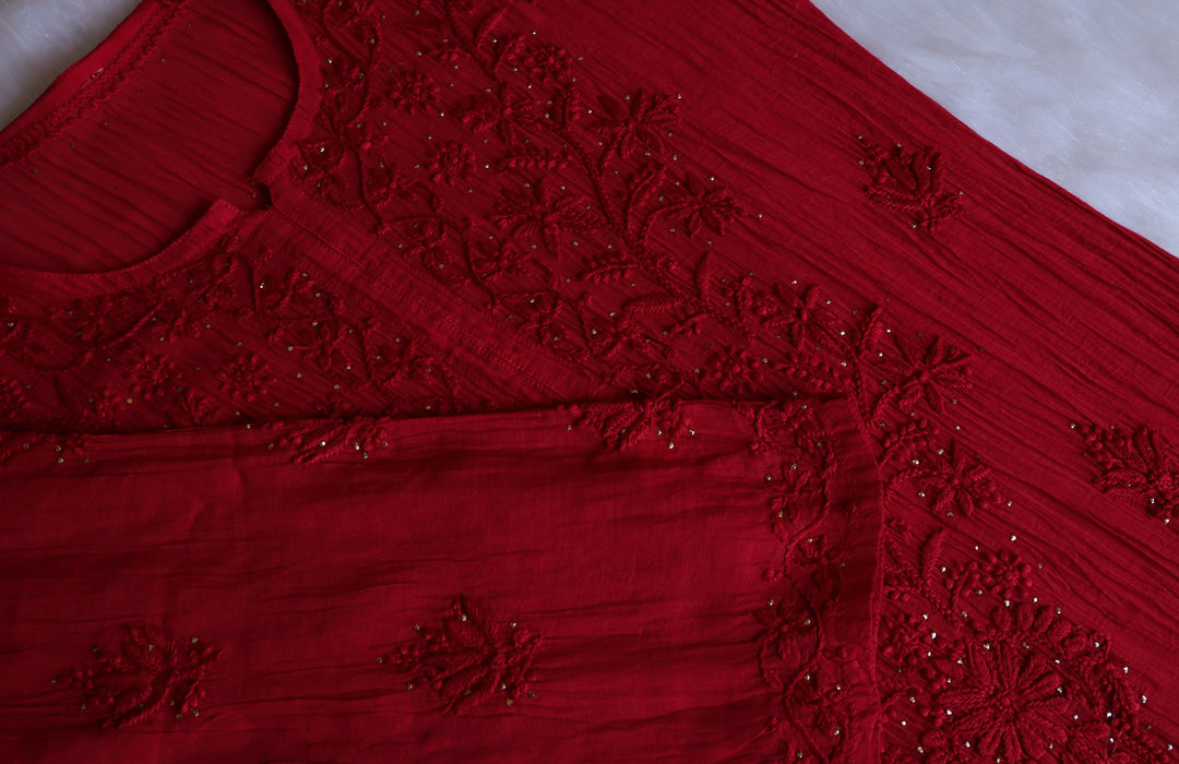 Naqsh Red Pure Chanderi Mulmul Set